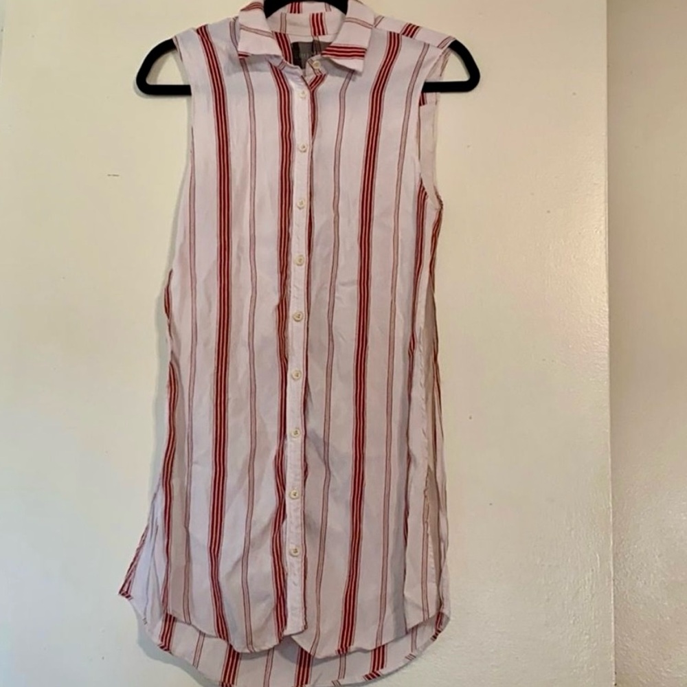 Reformation Sleeveless Red and White Striped Button-Up Shirt w/ Deep Slit